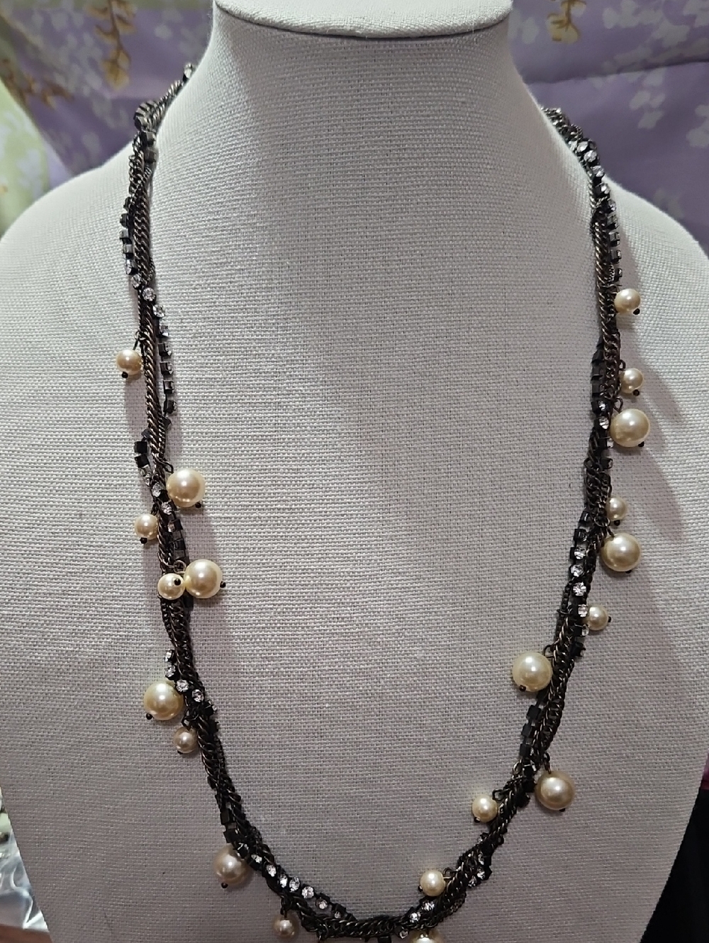 Elegant Pearl & Rhinestone Accent Bronze Chain Necklace